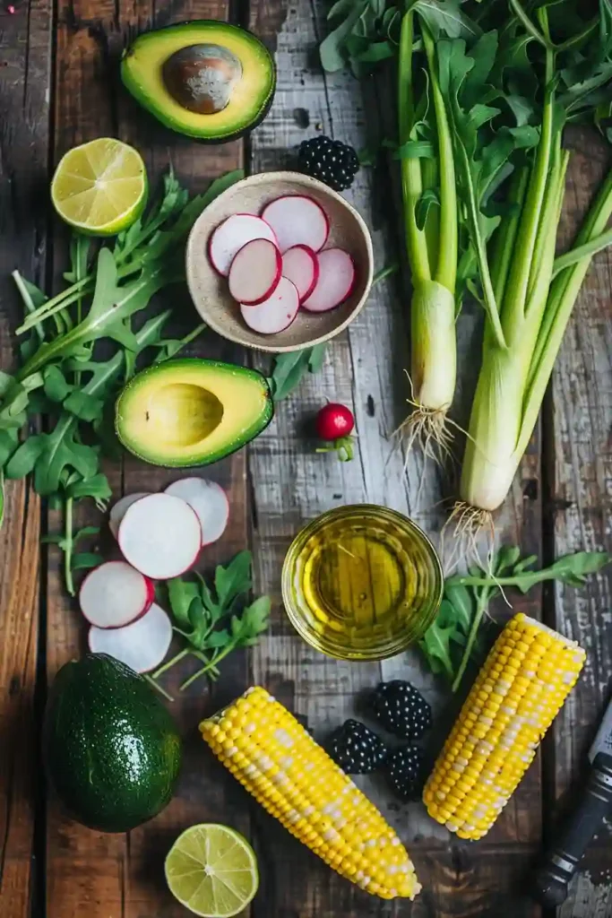 Healthy grilled corn salad with blackberries and greens, perfect for a summer meal presentation.
