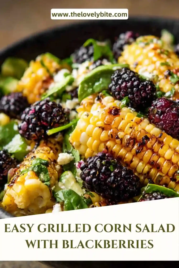 Close-up of grilled corn salad with blackberries and radishes, showing juicy textures and bright summer ingredients.