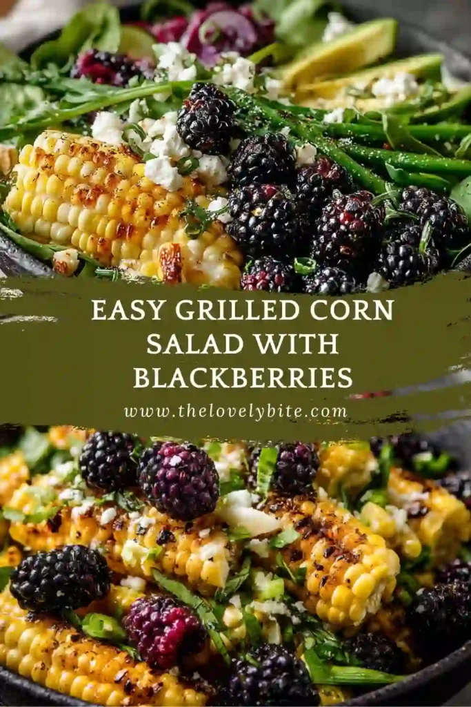 Fresh grilled corn salad with blackberries and avocado served in a bowl with a light vinaigrette.