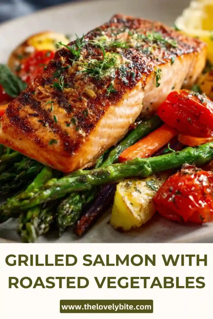 Close-up of grilled salmon fillet with roasted vegetables and fresh dill garnish. The dish looks vibrant and freshly prepared.