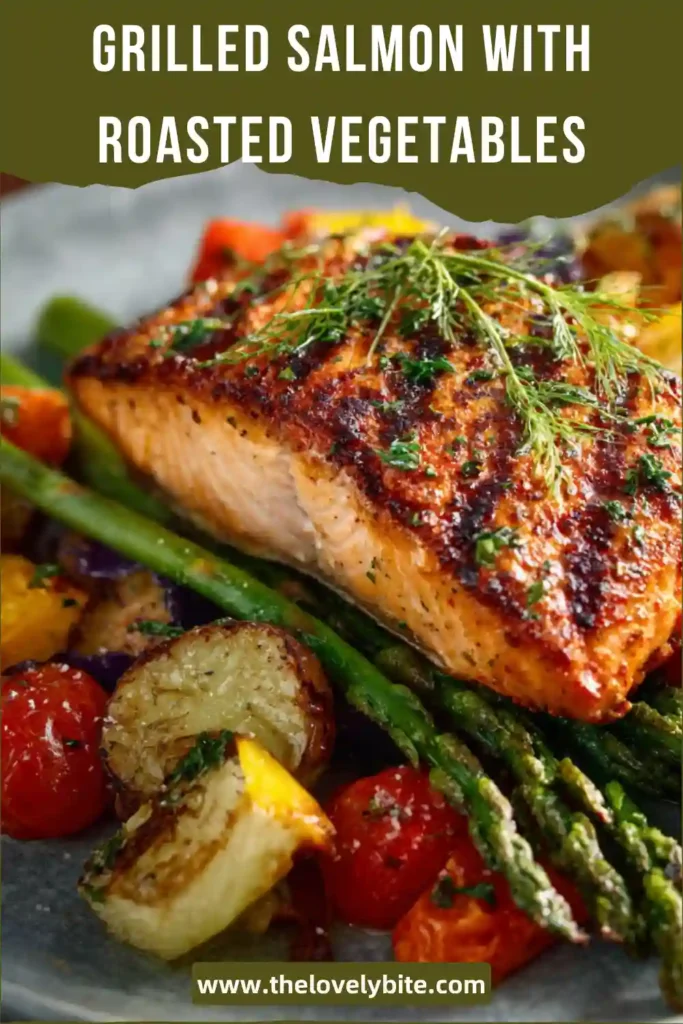 Grilled salmon with roasted vegetables served on a plate with lemon and fresh herbs. The salmon is perfectly cooked and paired with colorful roasted veggies.