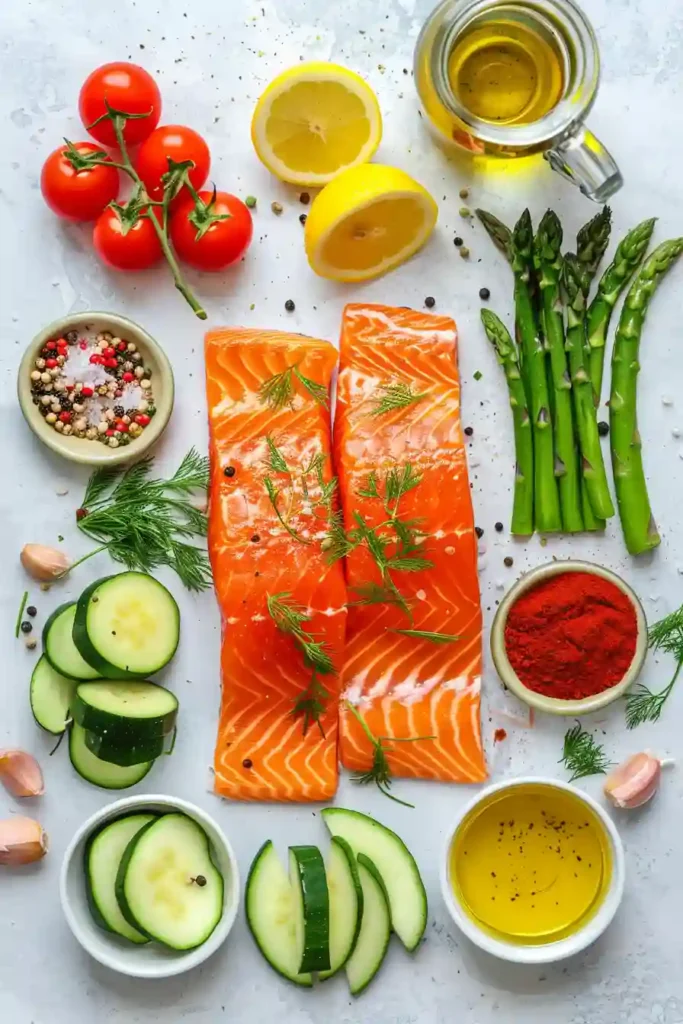 Homemade grilled salmon with roasted vegetables arranged beautifully with lemon wedges and herbs for a healthy dinner option.