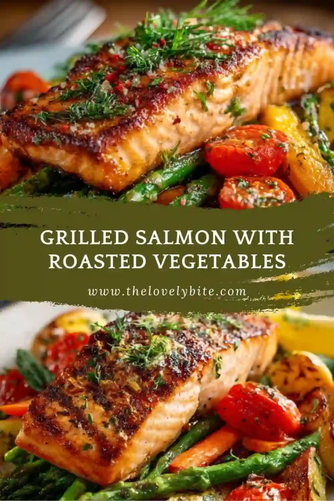 Healthy grilled salmon with roasted vegetables including zucchini, bell peppers, and asparagus on a dinner plate. A nutritious and balanced meal.