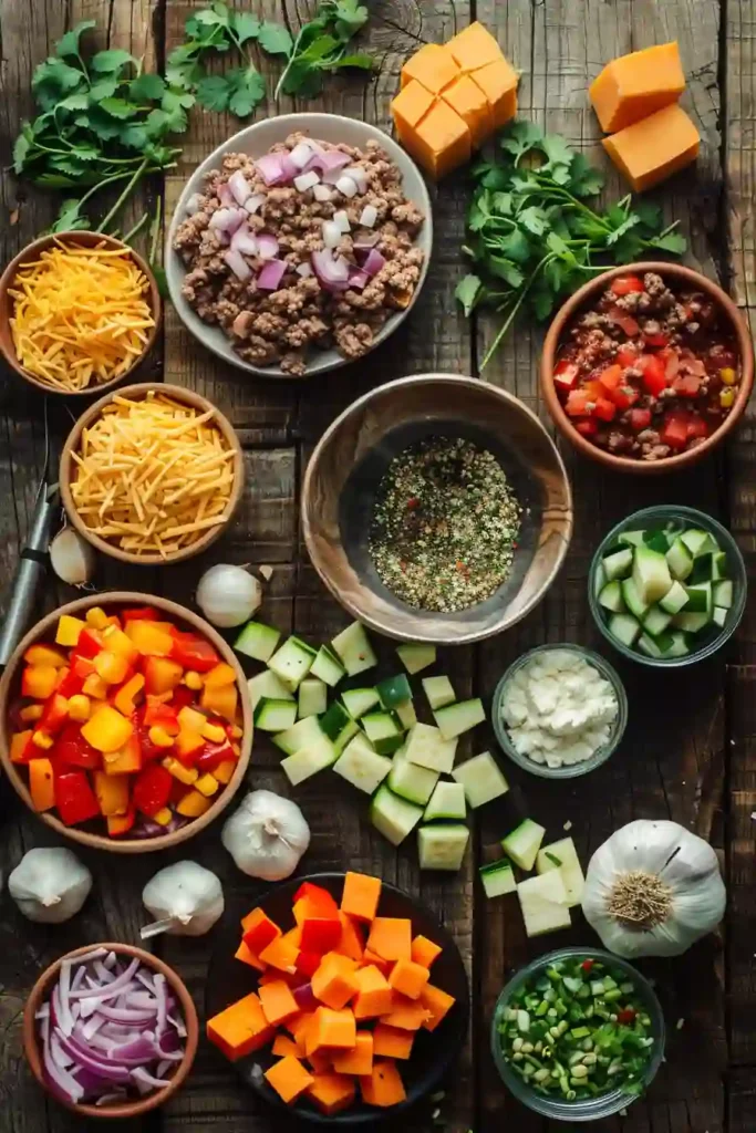 A skillet filled with ground beef, zucchini, sweet potato, black beans, corn, and melted cheese. This Ground Beef and Zucchini Skillet looks colorful, hearty, and perfect for an easy one pan dinner.