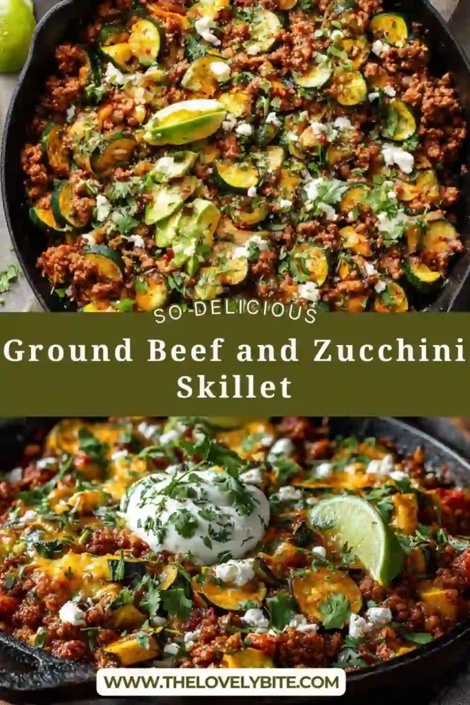 This Ground Beef and Zucchini Skillet features seasoned beef cooked with sweet potato, bell pepper, tomatoes, and black beans. Melted cheese and fresh herbs make this Mexican-inspired skillet look warm and inviting.