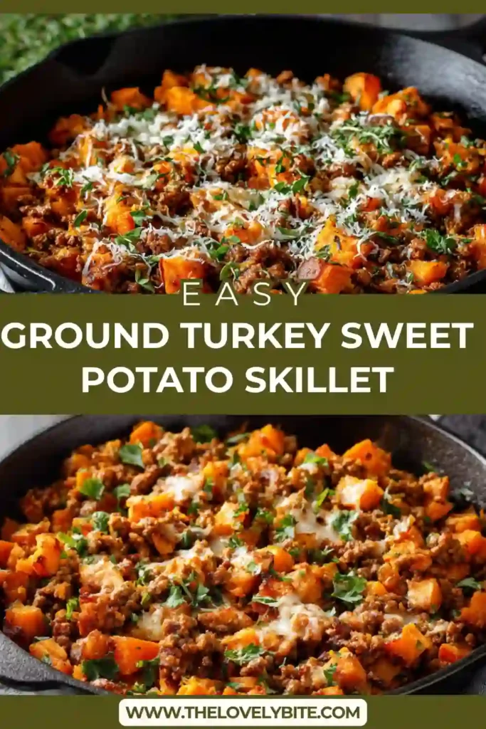 Ground Turkey Sweet Potato Skillet cooked in a cast iron pan with melted cheese and fresh parsley garnish, showing a hearty healthy meal.