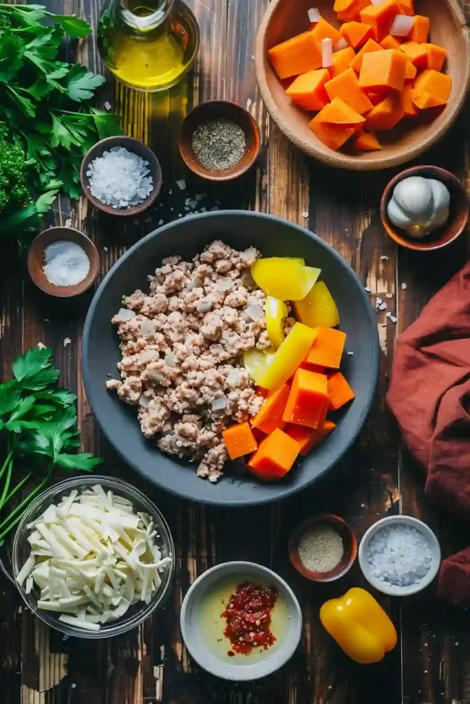 One-pan Ground Turkey Sweet Potato Skillet freshly baked with golden cheese and garnished with herbs.