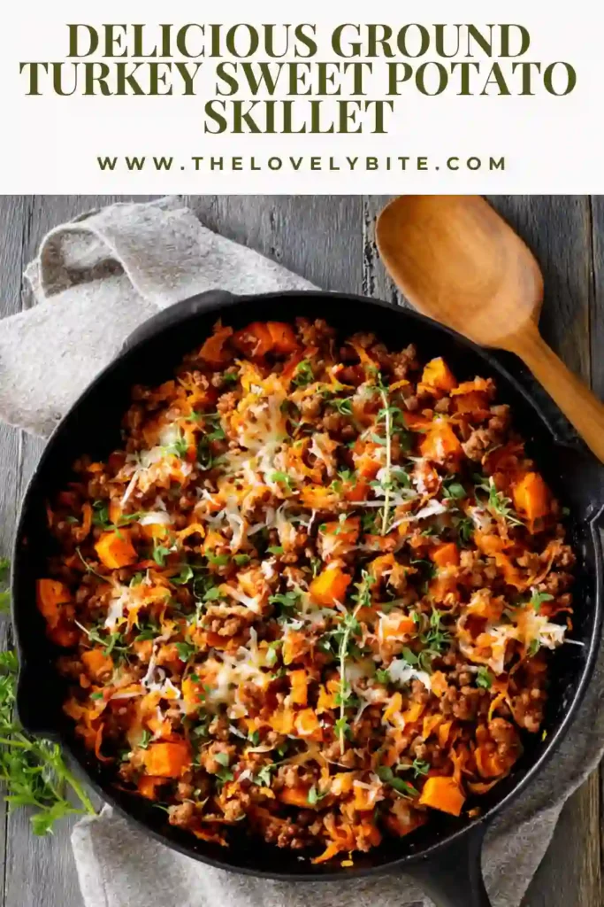 Close-up of Ground Turkey Sweet Potato Skillet with tender sweet potatoes and seasoned turkey in a rustic skillet.