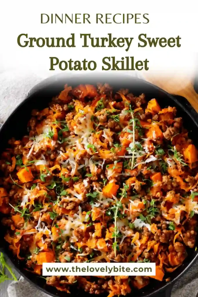 Healthy Ground Turkey Sweet Potato Skillet meal with colorful vegetables and melted mozzarella cheese.