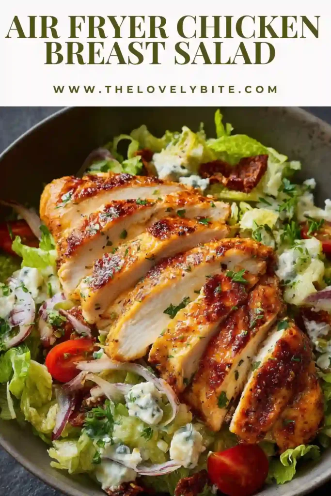 Close-up of Air Fryer Chicken Breast Salad featuring juicy seasoned chicken slices over crisp greens with a glossy dressing.