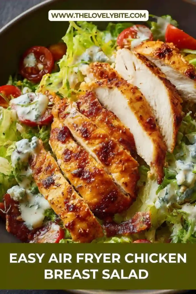 Healthy Air Fryer Chicken Breast Salad with vibrant vegetables and tender chicken arranged beautifully in a serving bowl.