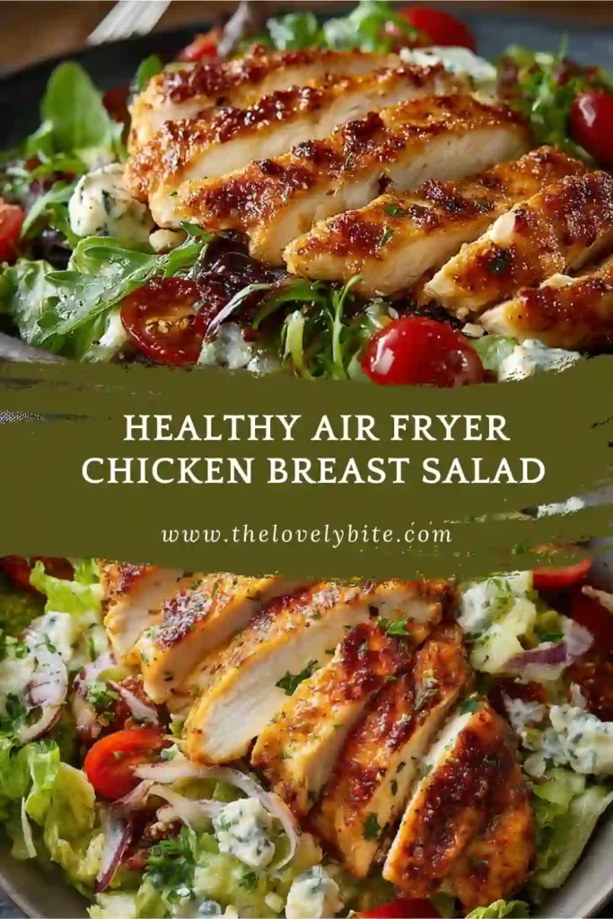 Top view of Air Fryer Chicken Breast Salad showcasing fresh lettuce, tomatoes, capers, and sliced air-fried chicken.