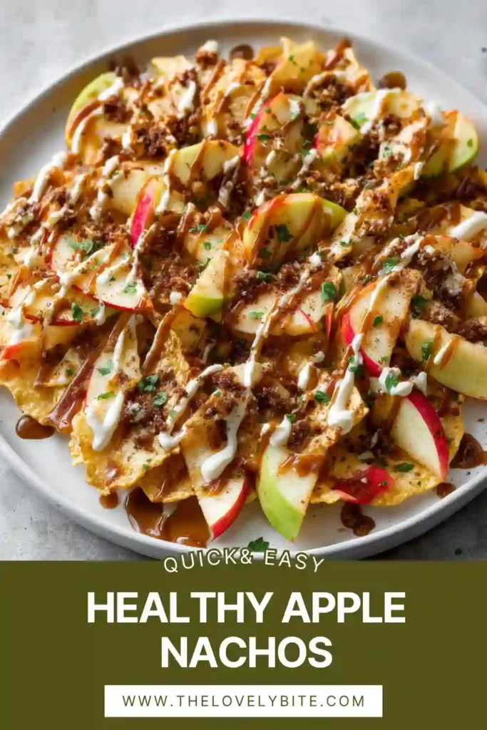 Close-up of Healthy Apple Nachos topped with melted nut butter and crunchy toppings for a quick fruit dessert.