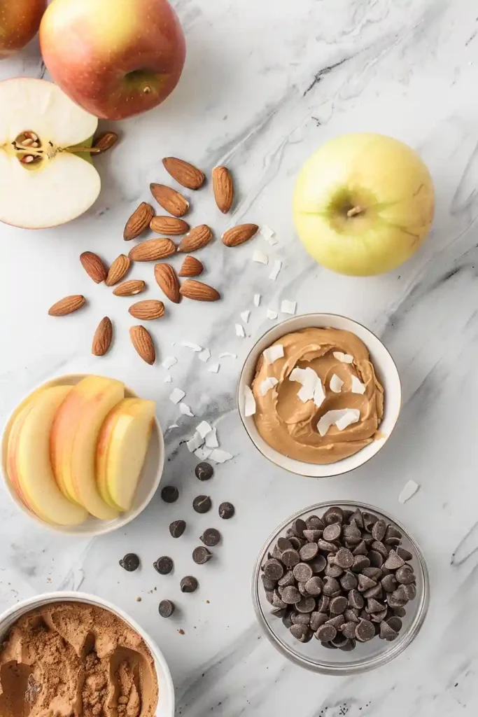 Healthy Apple Nachos arranged on a plate with nut butter drizzle, chocolate chips, coconut, and almonds creating a colorful snack.