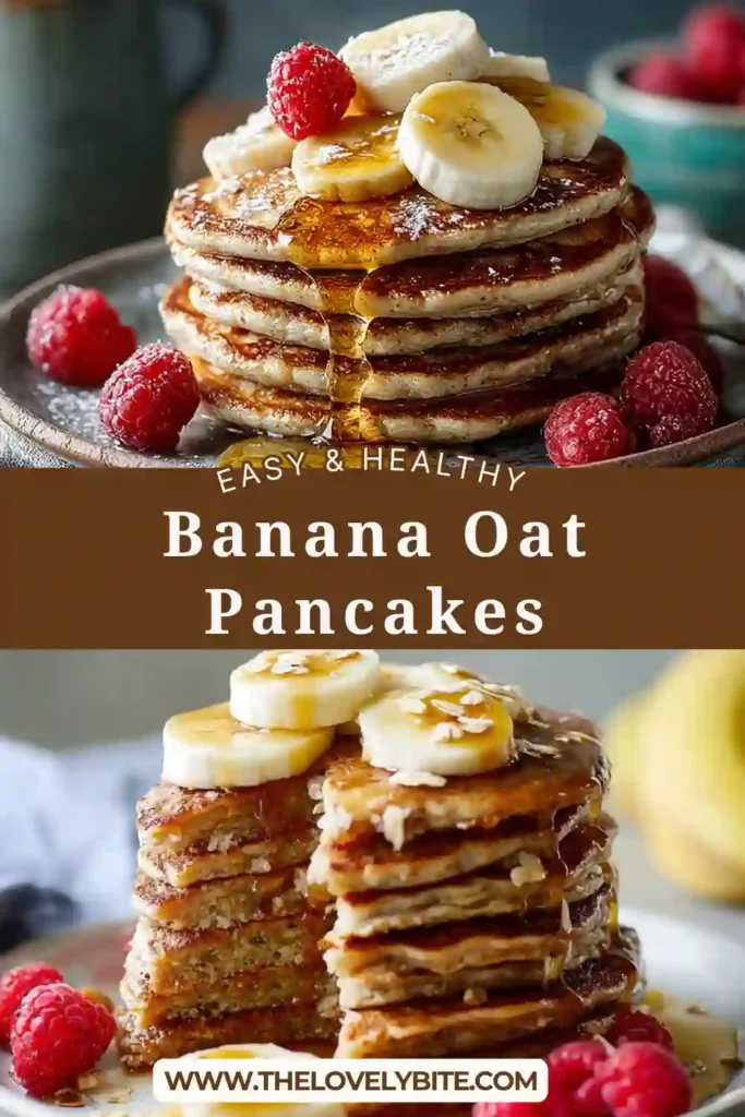 Healthy Banana Oat Pancakes stacked on a plate topped with fresh fruit and maple syrup. A wholesome flourless breakfast made with oats and bananas.