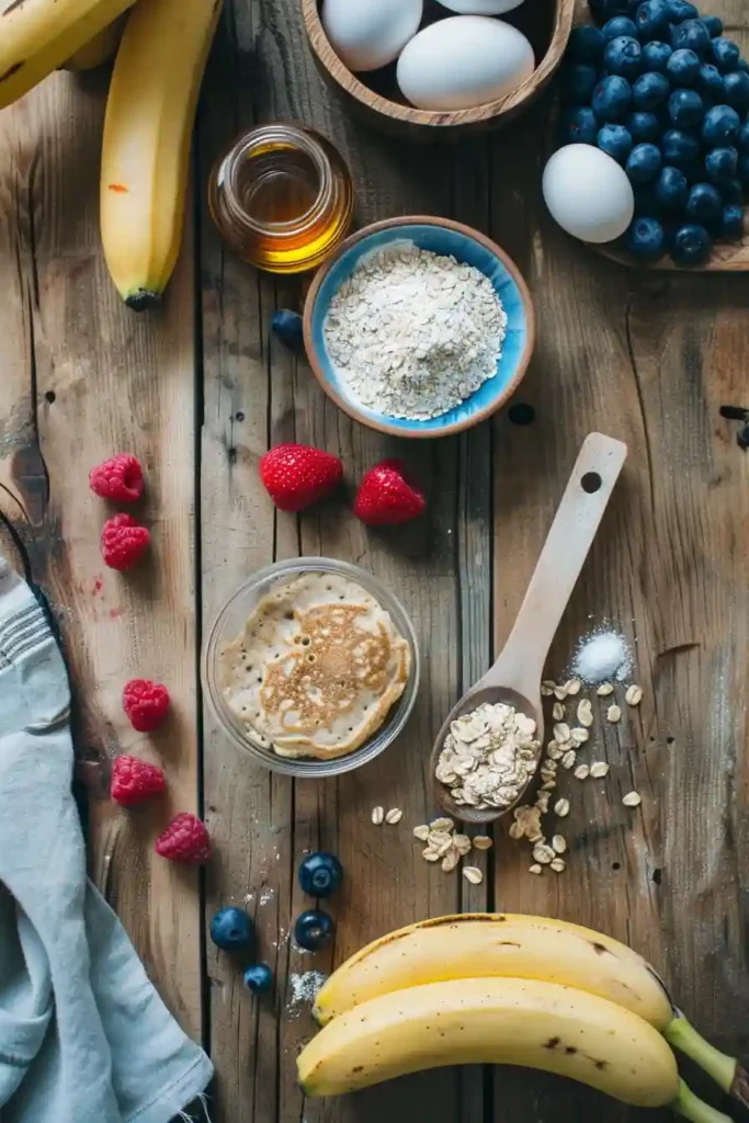 Freshly cooked banana oat pancakes in a pan with a light golden color. Simple healthy pancakes made without flour.