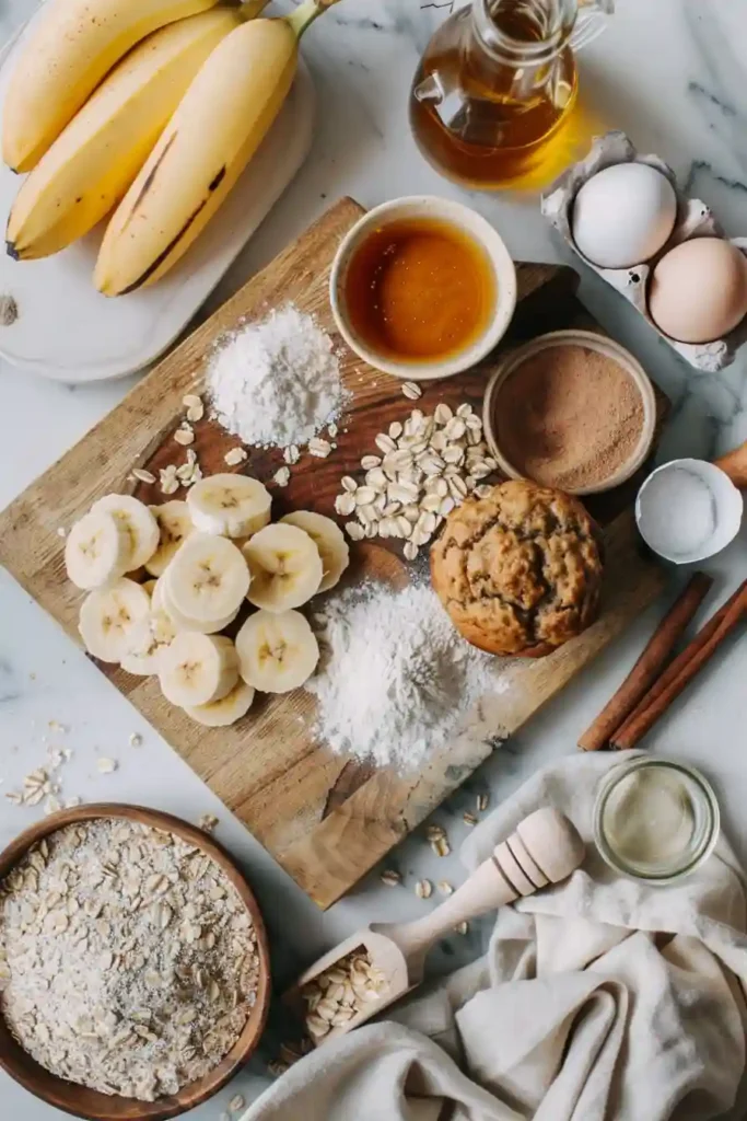 Healthy Banana Oatmeal Muffins displayed on a plate with oats sprinkled on top, showing their soft and moist texture perfect for breakfast.