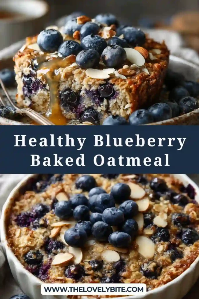 Healthy blueberry baked oatmeal served in slices with yogurt topping and maple drizzle. A wholesome breakfast option with visible oats and berries.