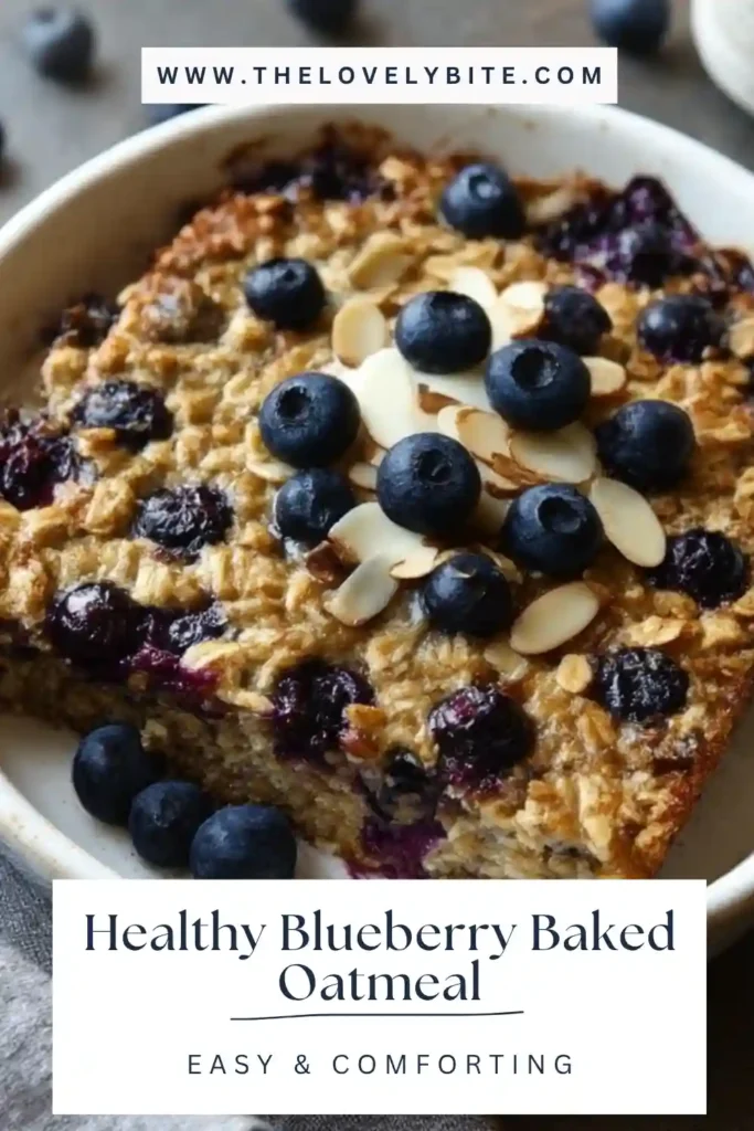 Close-up of gluten free baked oatmeal with blueberries and oats, showing a soft and hearty texture. Fresh berries add vibrant color and natural sweetness.