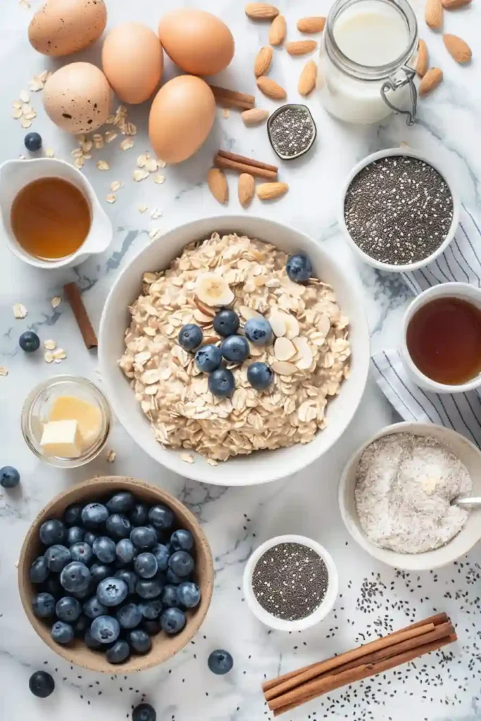 Freshly baked blueberry oatmeal casserole cooling in a pan, topped with almonds and juicy blueberries. A nutritious and easy breakfast bake.