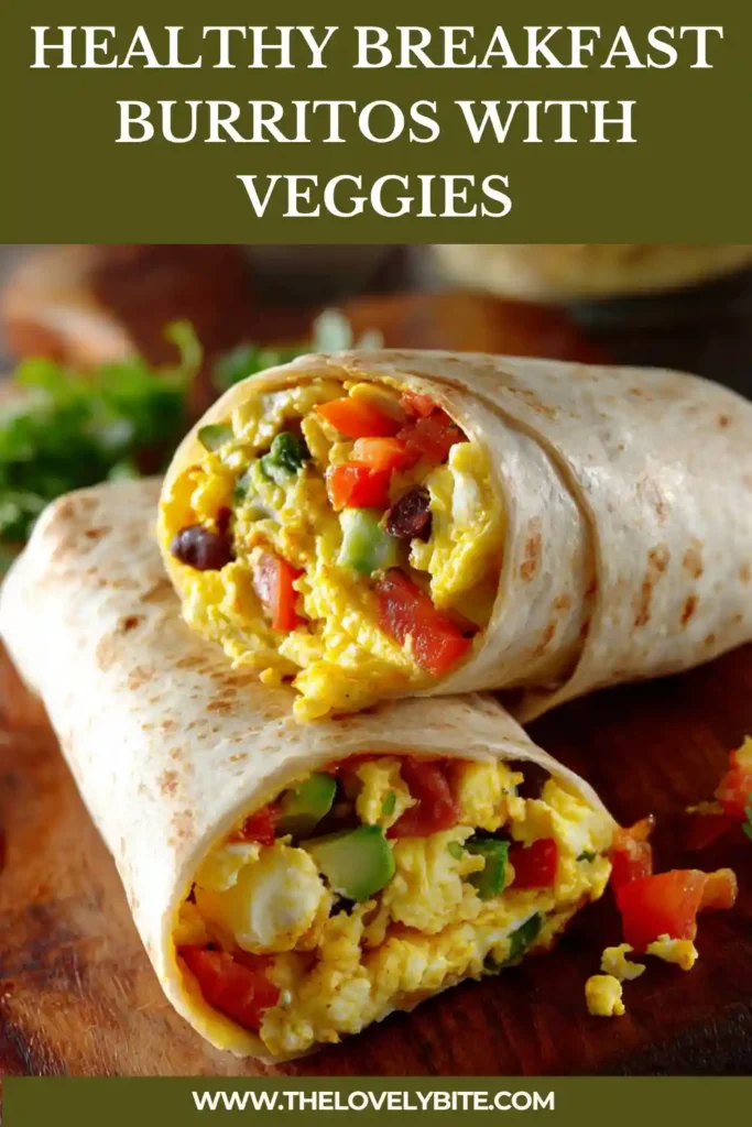 Healthy breakfast burritos filled with scrambled eggs, black beans, and colorful vegetables wrapped in a soft tortilla. Perfect for meal prep mornings.