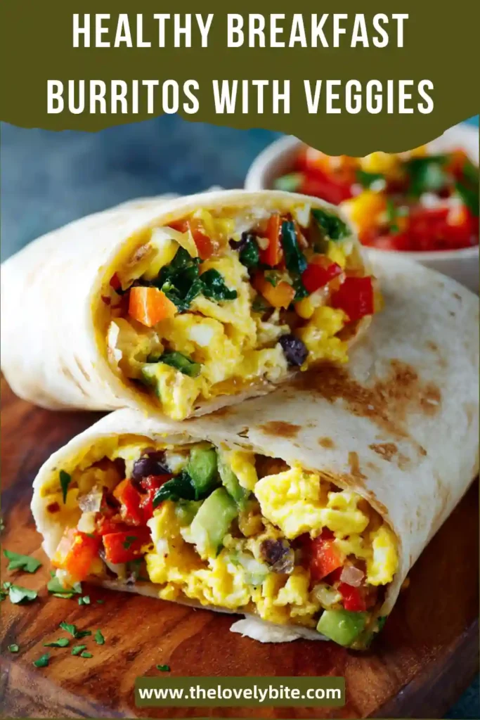 Close-up of veggie breakfast burritos with melted cheese, eggs, and salsa inside a warm tortilla. A nutritious and easy breakfast idea.
