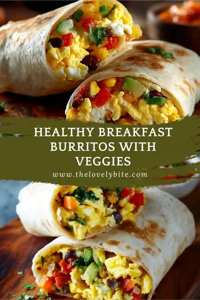 Homemade healthy breakfast burritos with fresh vegetables and eggs served on a plate. Ideal for quick and filling breakfasts.