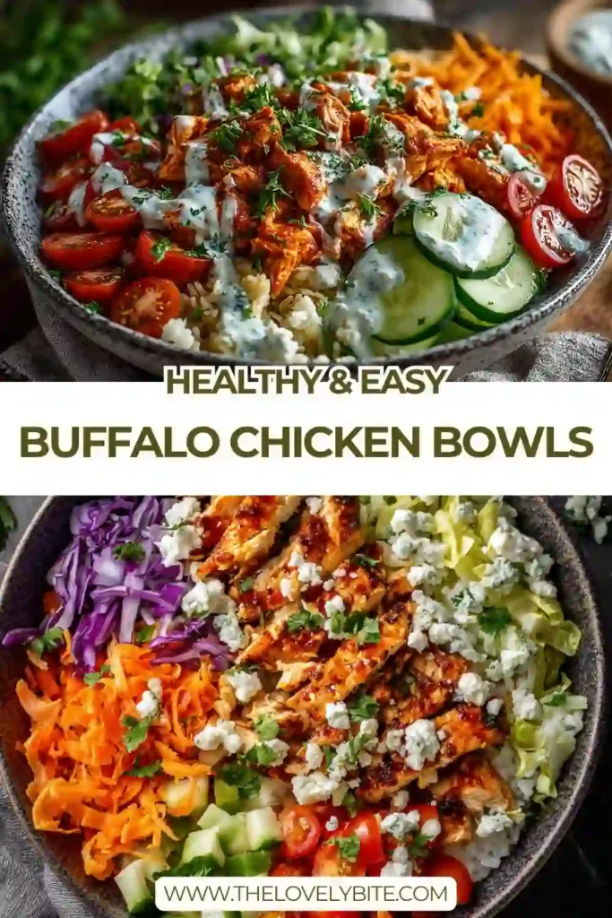 A vibrant bowl of Healthy Buffalo Chicken Bowls with rice, spicy chicken, fresh vegetables, and blue cheese topping. Perfect balanced meal.