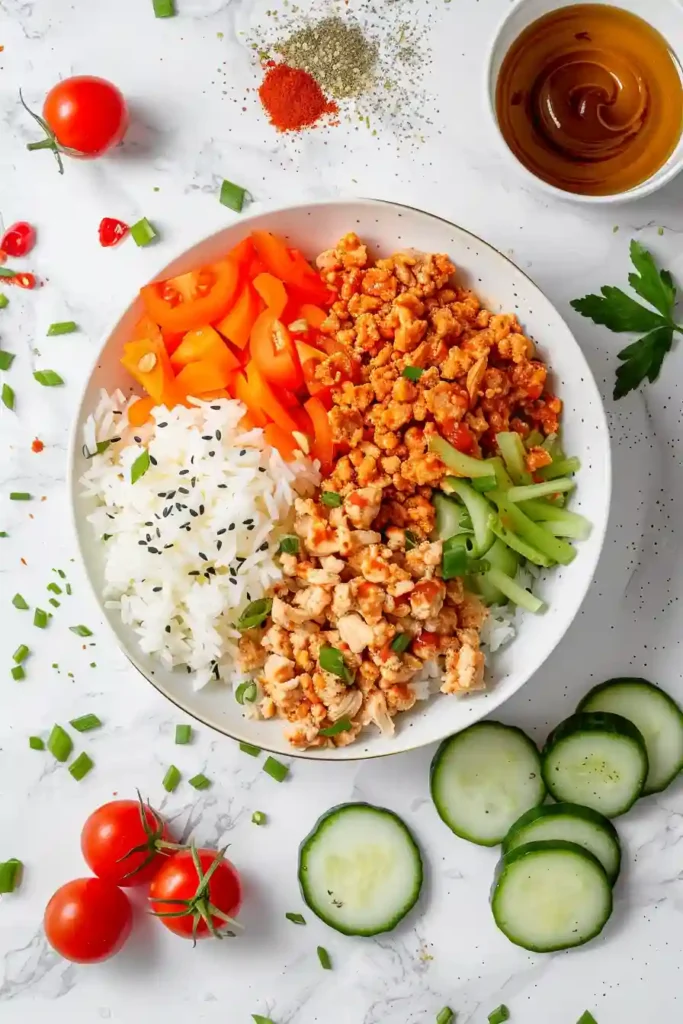 Meal prep containers filled with Healthy Buffalo Chicken Bowls including rice, spicy chicken, and fresh toppings.