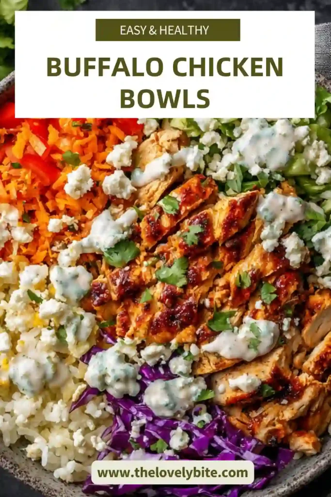 Close-up of Healthy Buffalo Chicken Bowls showing juicy buffalo chicken over rice with crunchy vegetables.