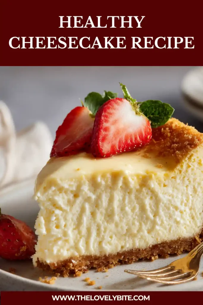 Homemade healthy cheesecake recipe with Greek yogurt filling and crumb crust, served chilled for a refreshing dessert.
