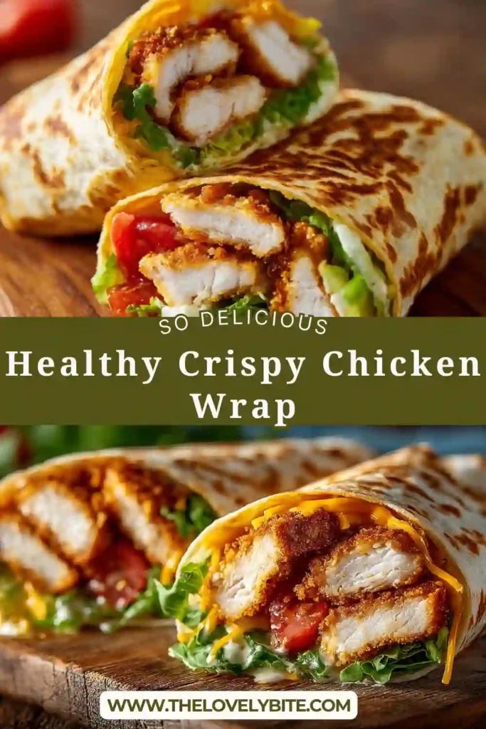 Healthy Crispy Chicken Wrap filled with crunchy cornflake chicken, fresh lettuce, and tomatoes in a soft tortilla. The wrap looks golden and freshly made.