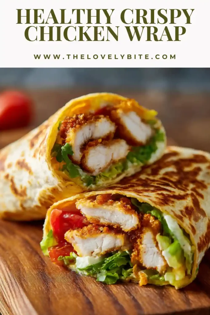 Close-up of a Healthy Crispy Chicken Wrap showing crispy chicken strips and fresh vegetables layered inside a tortilla.