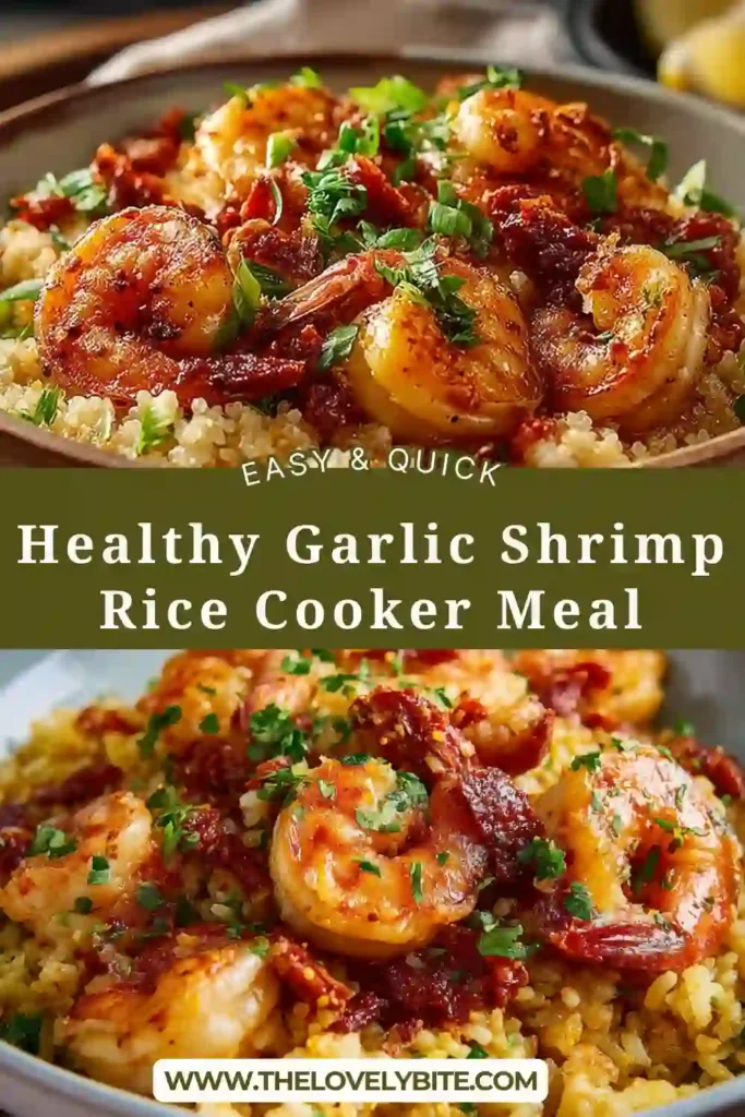 Close-up of garlic shrimp rice cooked in a rice cooker with vibrant red peppers and herbs mixed throughout.