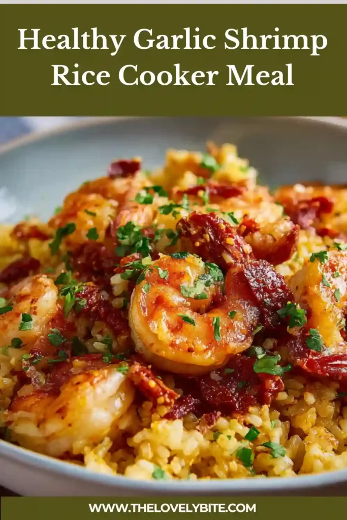 A bowl of healthy garlic shrimp rice cooker meal topped with fresh parsley and lemon slices, showing fluffy rice and tender shrimp.