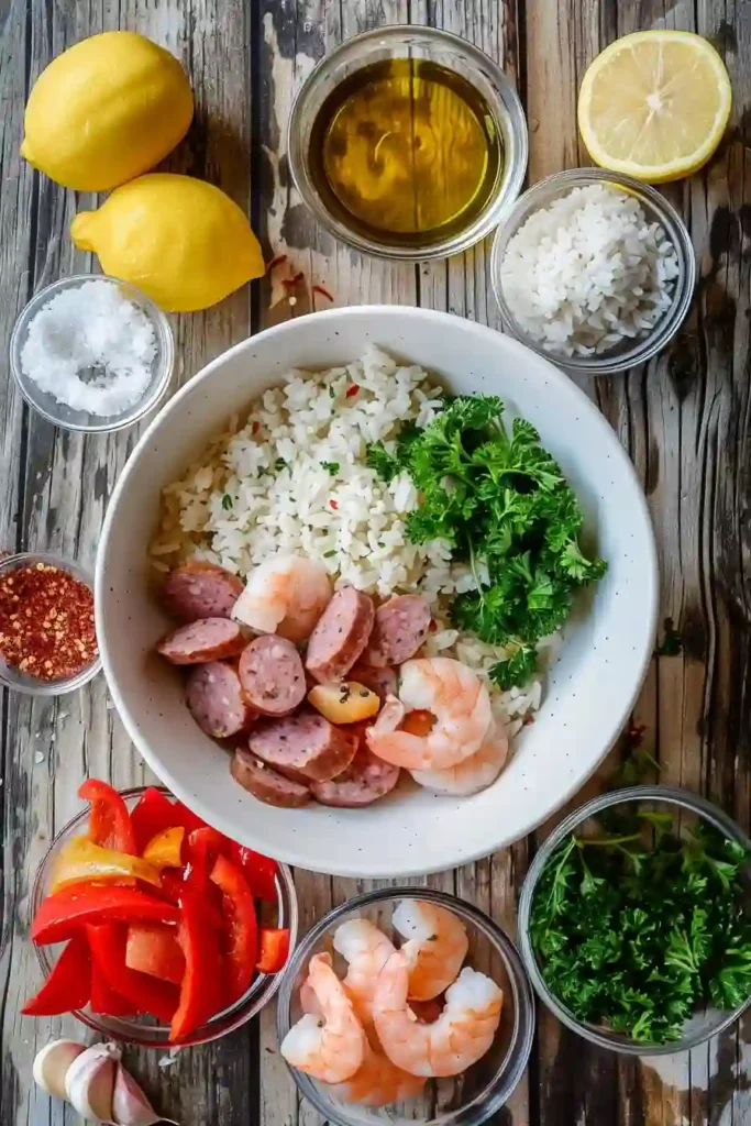 Overhead view of shrimp rice cooker dish with garlic, herbs, and vegetables, highlighting texture and color.