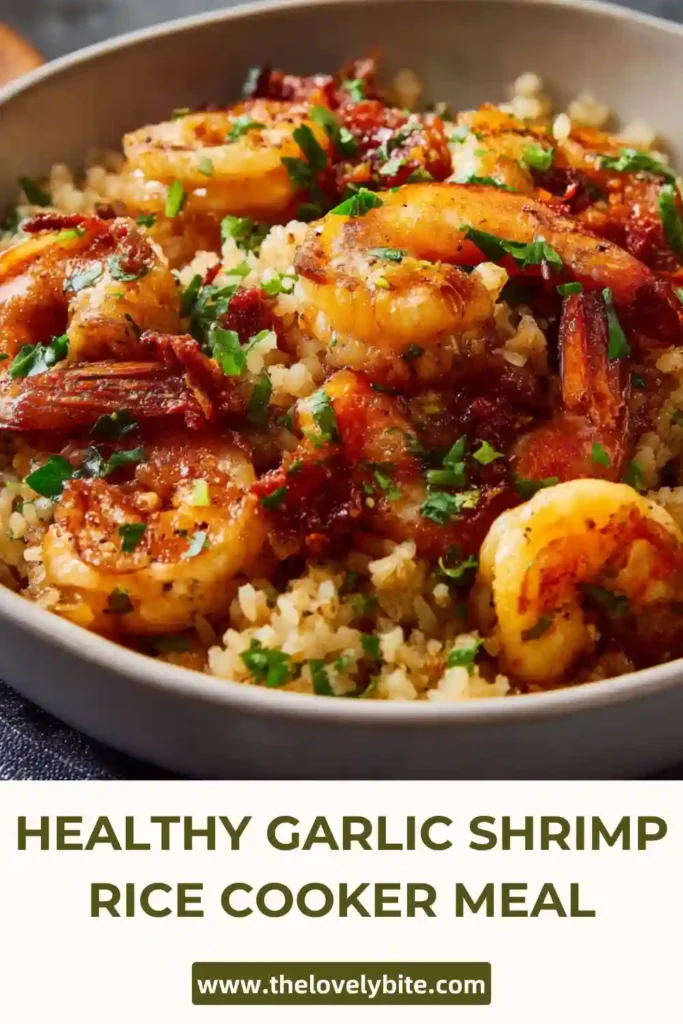 Freshly prepared healthy garlic shrimp rice cooker meal served in a bowl with juicy shrimp and seasoned rice.