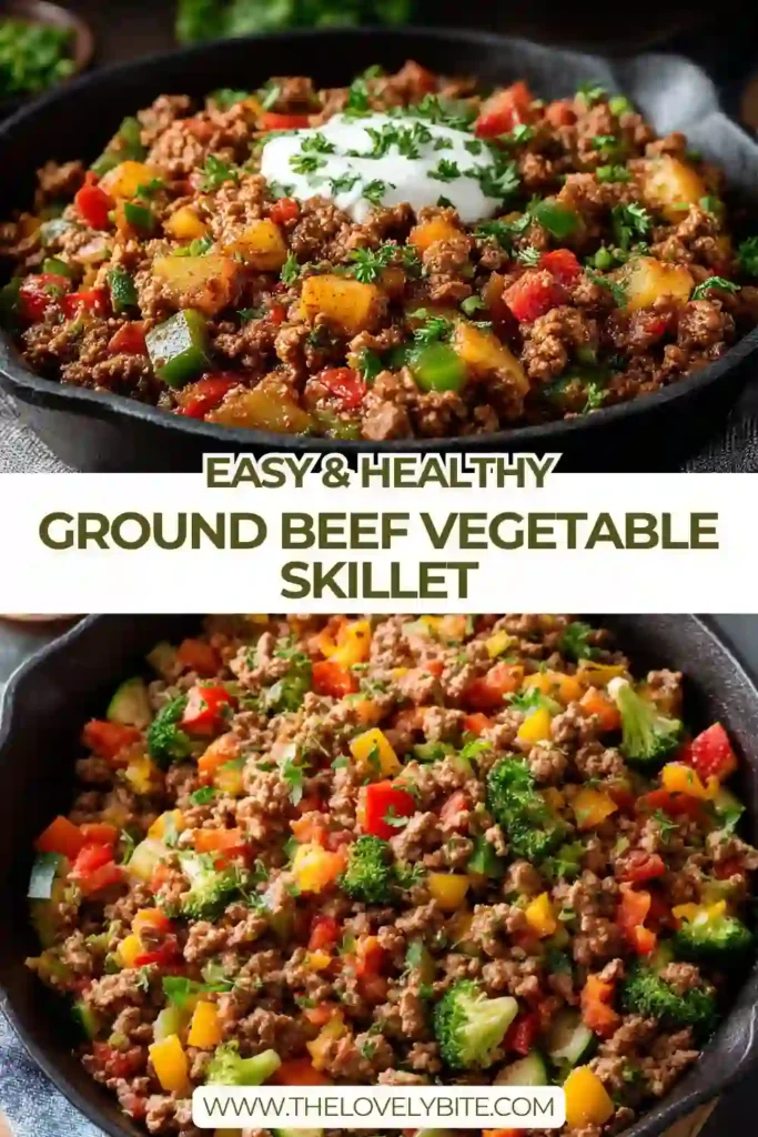 A skillet filled with healthy ground beef vegetable skillet made with zucchini, bell peppers, and tomatoes, cooked to perfection.