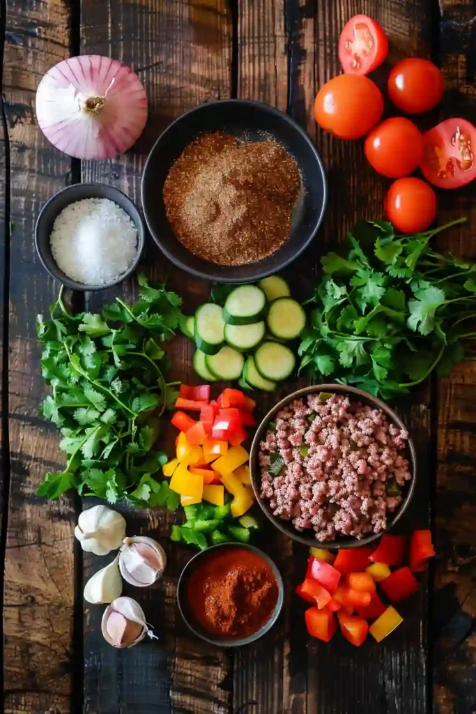 Freshly cooked healthy ground beef vegetable skillet served hot with herbs and mixed vegetables.