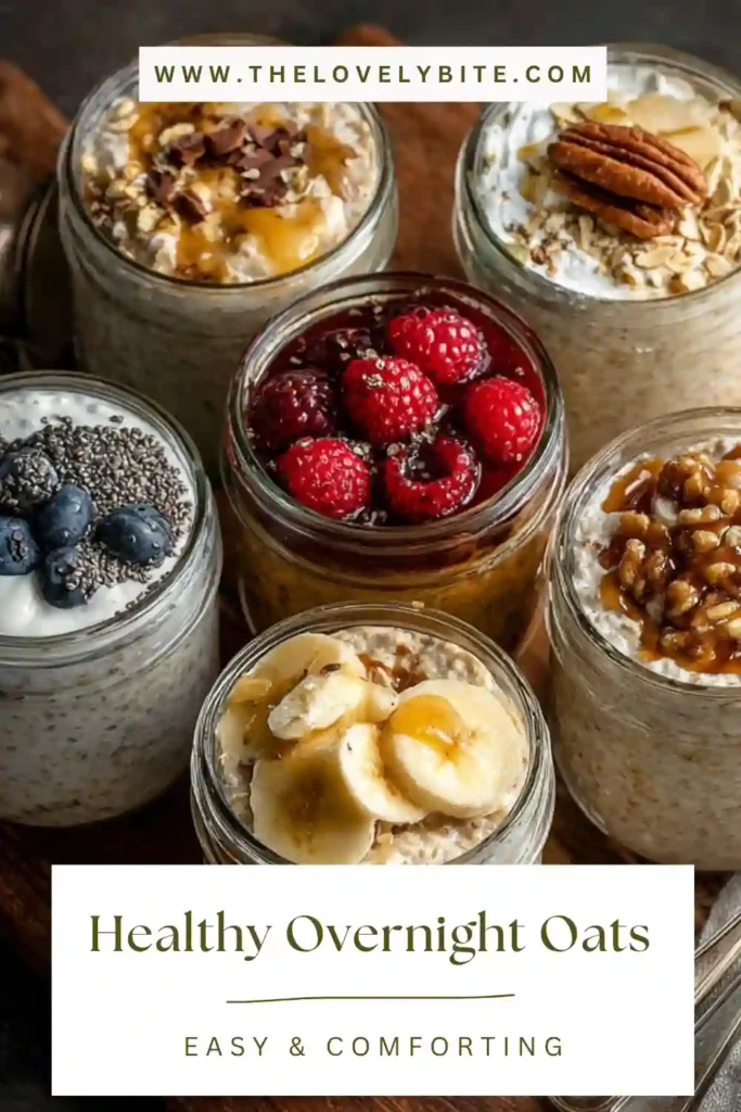 Healthy overnight oats recipe in glass jars with different flavor variations including chocolate, fruit, and peanut butter toppings.