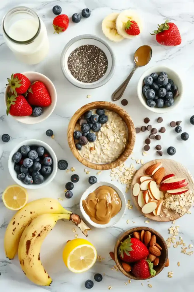 Multiple jars of overnight oats arranged with various toppings like blueberries, chocolate chips, and nuts for a healthy breakfast.