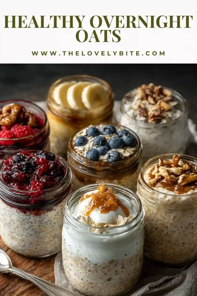 A jar of healthy overnight oats topped with fresh fruit and nuts, showing creamy texture and vibrant colors. Perfect make-ahead breakfast option.