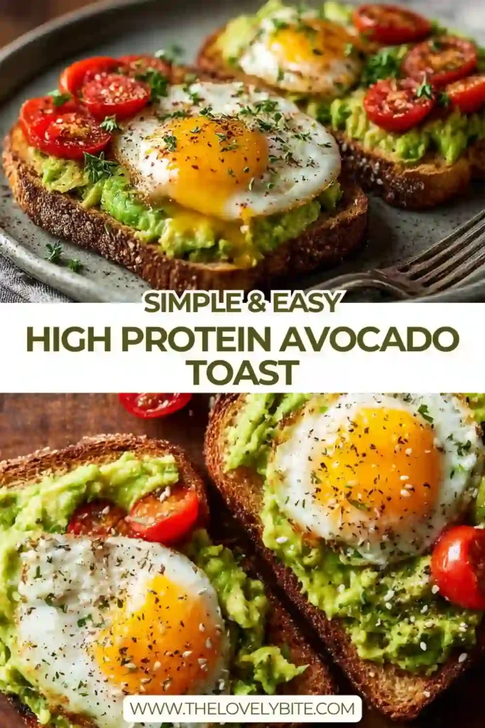 High-Protein Avocado Toast topped with creamy mashed avocado and white beans on toasted whole wheat bread. Cherry tomatoes and everything bagel seasoning add color, texture, and extra flavor to this healthy breakfast.