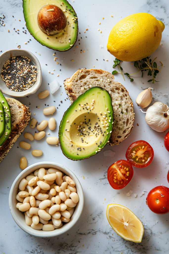 Creamy white bean avocado spread layered over golden toast and finished with cherry tomatoes and everything bagel seasoning. This High-Protein Avocado Toast is a simple and nourishing breakfast option.