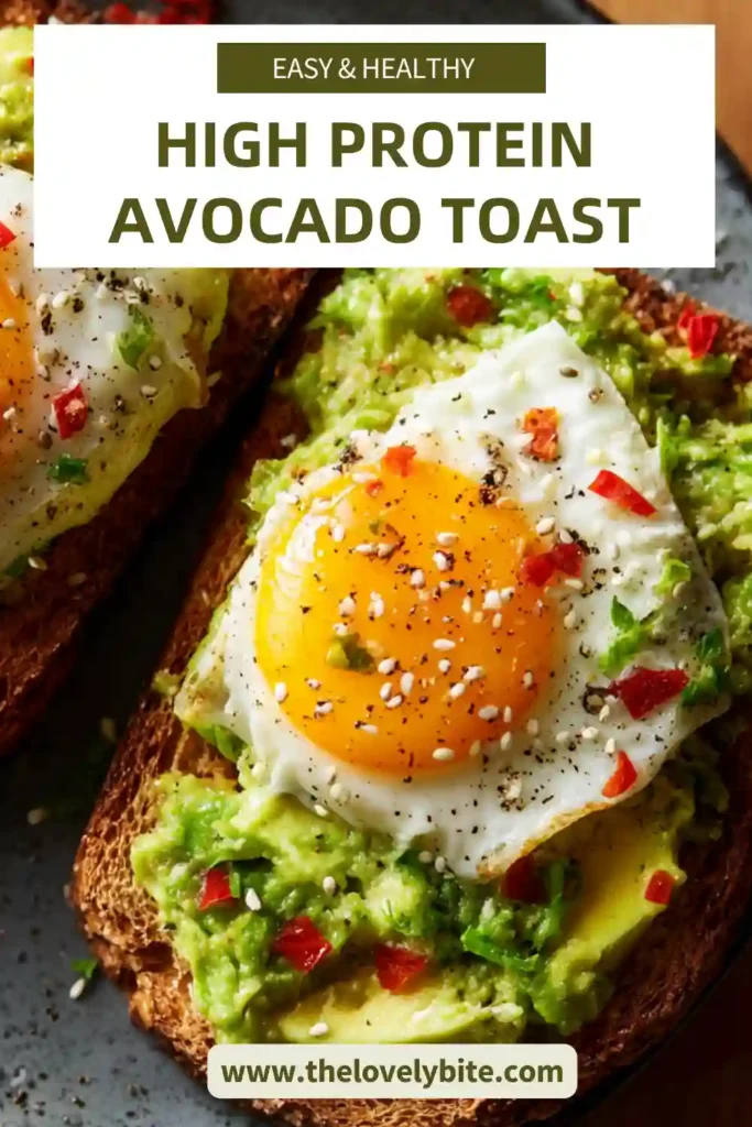 Two slices of High-Protein Avocado Toast served on toasted sourdough with mashed avocado, white beans, and lemon. This healthy avocado toast looks creamy, fresh, and perfect for a quick morning meal.
