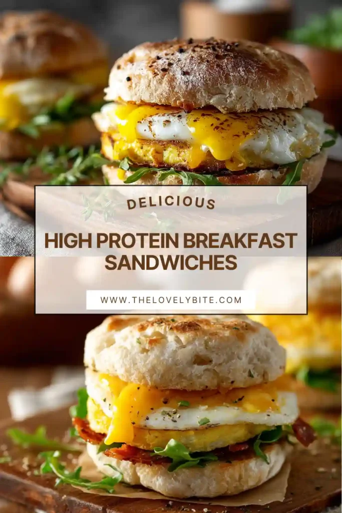 High Protein Breakfast Sandwiches stacked with eggs, turkey sausage, and melted cheddar on whole grain English muffins. The sandwich looks warm, hearty, and perfect for breakfast meal prep.