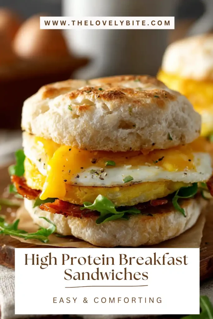 A close-up of High Protein Breakfast Sandwiches showing fluffy eggs and melted cheese layered with turkey sausage. The texture looks soft and savory.