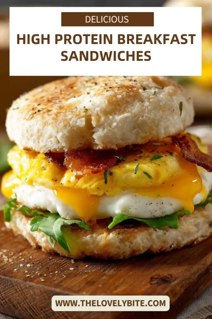 Freshly made High Protein Breakfast Sandwiches arranged on a plate with golden toasted English muffins. The ingredients appear wholesome and filling.