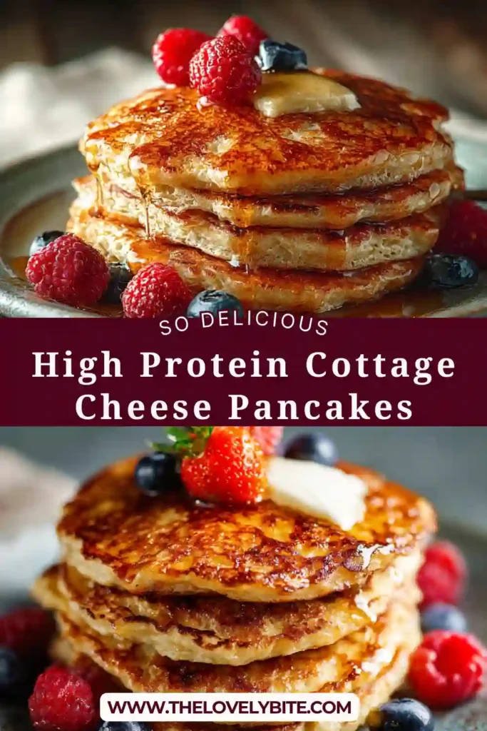Close-up of soft and fluffy high protein pancakes made with cottage cheese and topped with syrup.