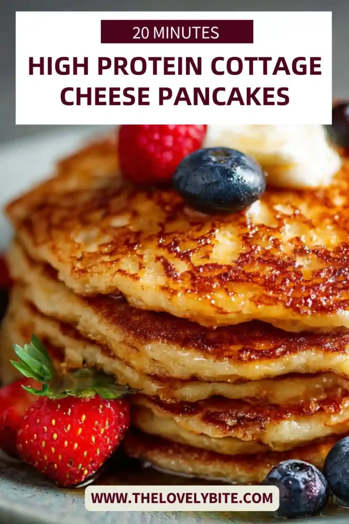 Homemade high protein cottage cheese pancakes with a light texture and rich flavor on a breakfast plate.